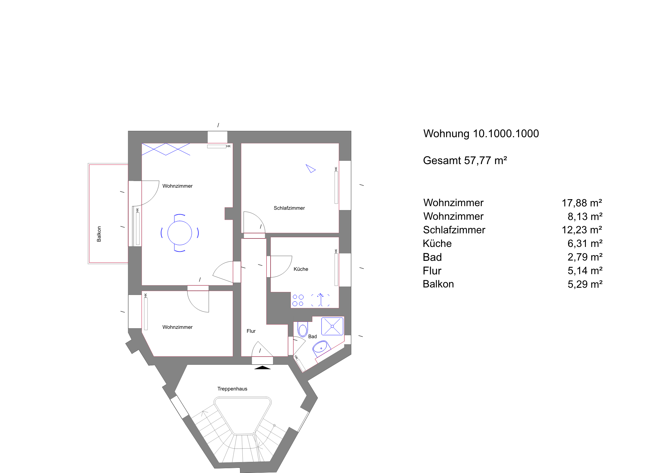 Grundrissdarstellung einer Wohnung für Mieter mit farblich gekennzeichneten Bereichen: Zimmer, Küche, Flur, Bad und Balkon. Inklusive Maßangaben und Legende.