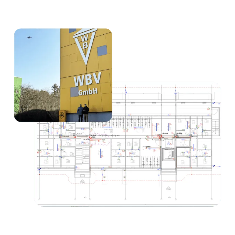 Benutzeroberfläche der Voxelgrid-Software mit Punktwolkenansicht eines Gebäudegrundrisses links und Erfassungsmaske für Rauminformationen rechts, inklusive Tür-, Fenster- und Bodenattribute.