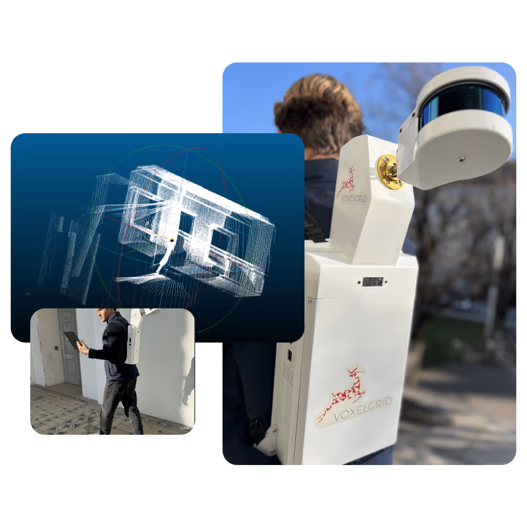 Benutzeroberfläche der Voxelgrid-Software mit Punktwolkenansicht eines Gebäudegrundrisses links und Erfassungsmaske für Rauminformationen rechts, inklusive Tür-, Fenster- und Bodenattribute.