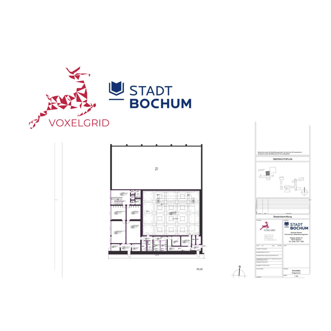 Benutzeroberfläche der Voxelgrid-Software mit Punktwolkenansicht eines Gebäudegrundrisses links und Erfassungsmaske für Rauminformationen rechts, inklusive Tür-, Fenster- und Bodenattribute.