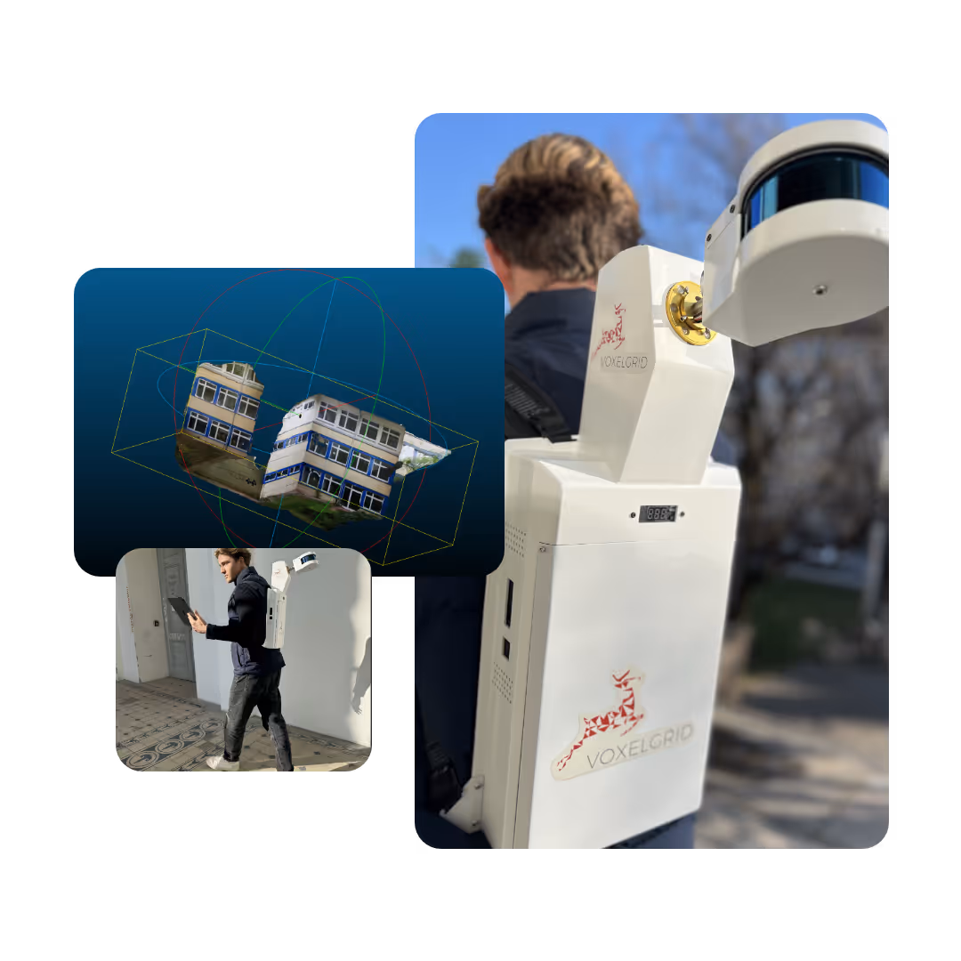 Benutzeroberfläche der Voxelgrid-Software mit Punktwolkenansicht eines Gebäudegrundrisses links und Erfassungsmaske für Rauminformationen rechts, inklusive Tür-, Fenster- und Bodenattribute.