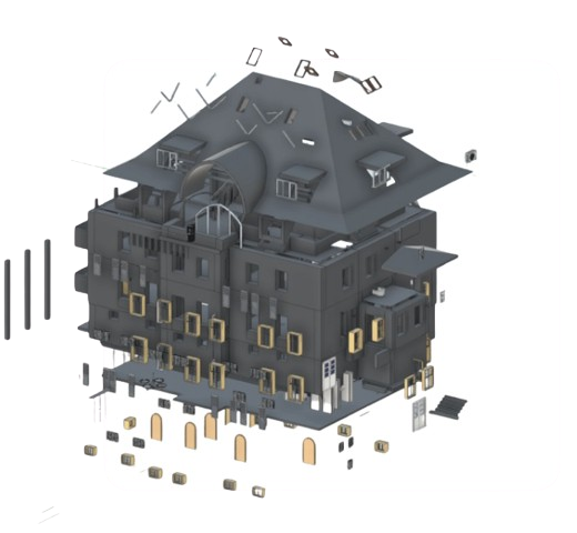 Explodiertes BIM-Modell eines Gebäudes zur Darstellung der digitalen Gebäudeaktivierung