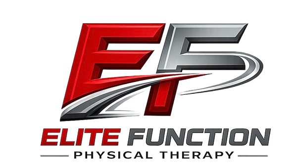 Logo with stylized red and silver letters EF and the words Elite Function Physical Therapy below.