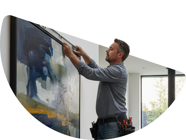 Man die met een waterpas een groot abstract schilderij aan een witte wand hangt in een modern en licht interieur.