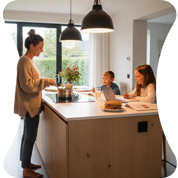 Een vrouw staat te koken aan een kookeiland, terwijl twee kinderen hun huiswerk maken met een laptop en boeken.