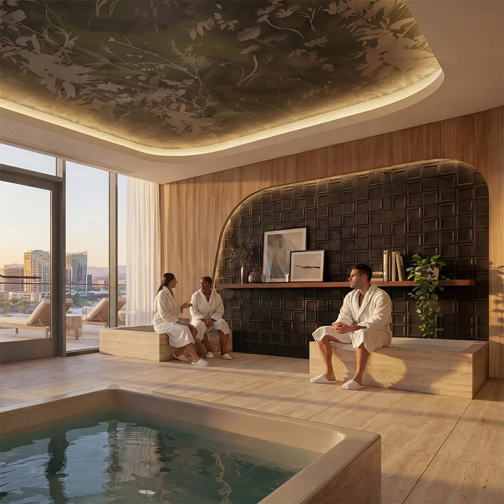 Three people in white robes sitting in a modern spa room with a plunge pool and city view.