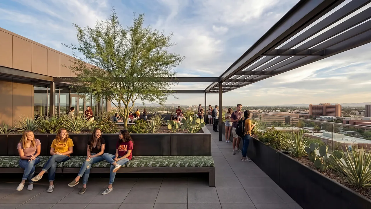 People socializing on a rooftop deck with plants and city views.