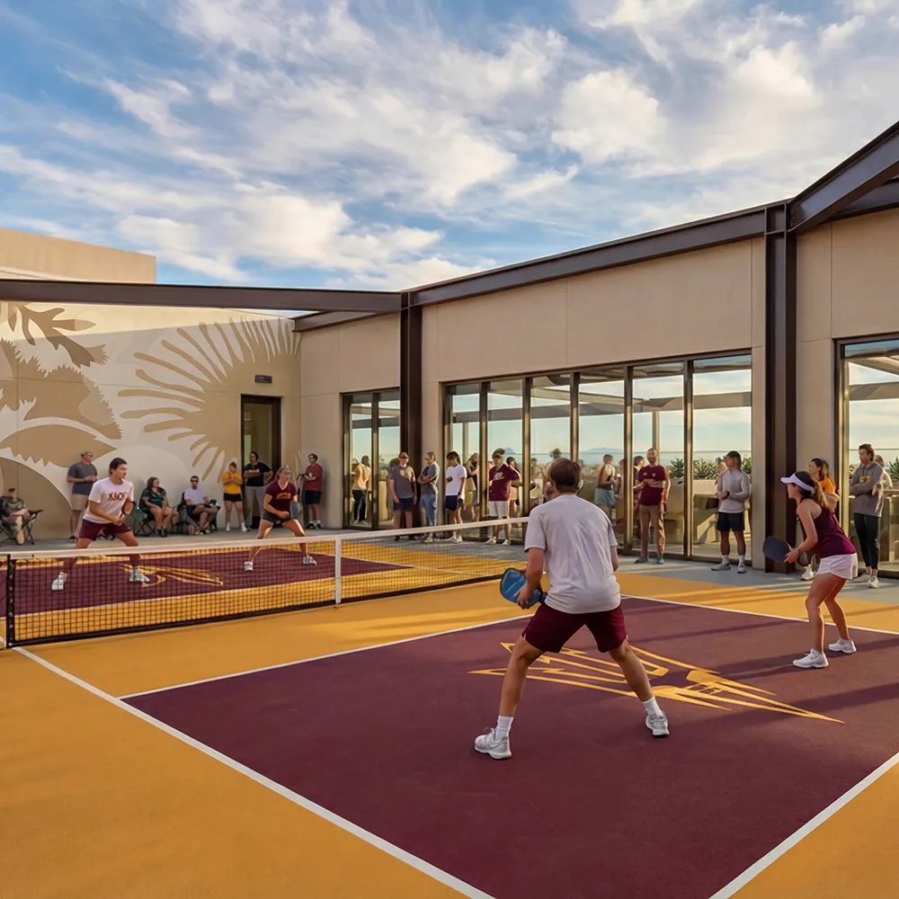 People playing doubles pickleball on outdoor court with spectators standing and sitting nearby.