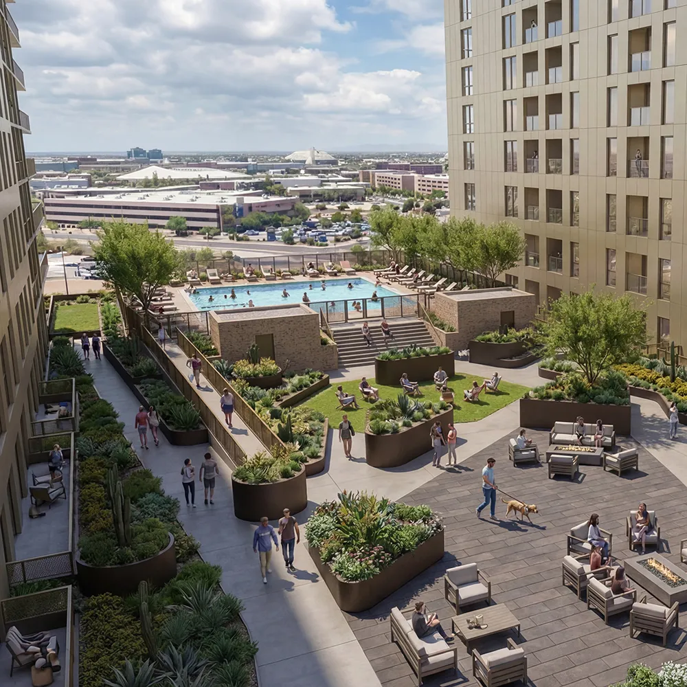 Outdoor urban courtyard with seating areas, fire pits, greenery, and a swimming pool surrounded by tall buildings.