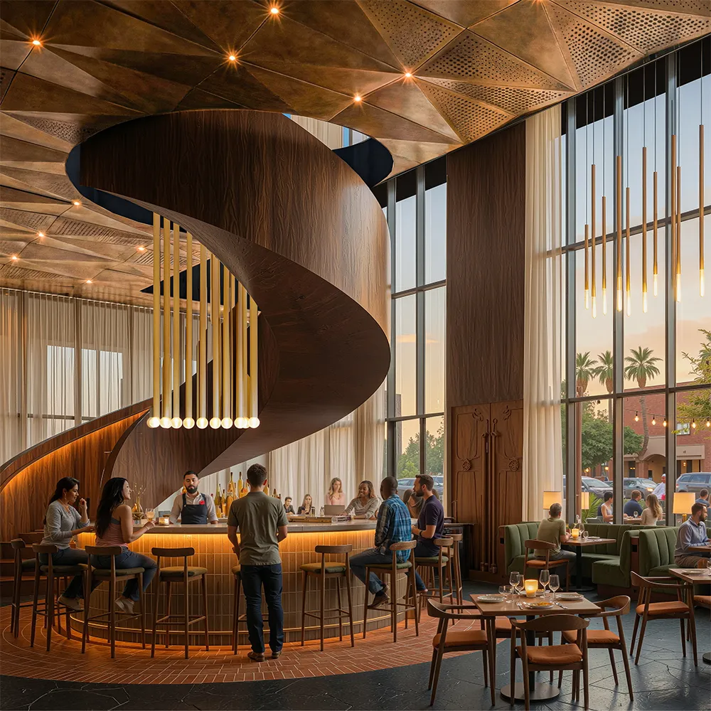 Modern restaurant interior with large windows, spiral wooden bar, hanging lights, and people dining at sunset.