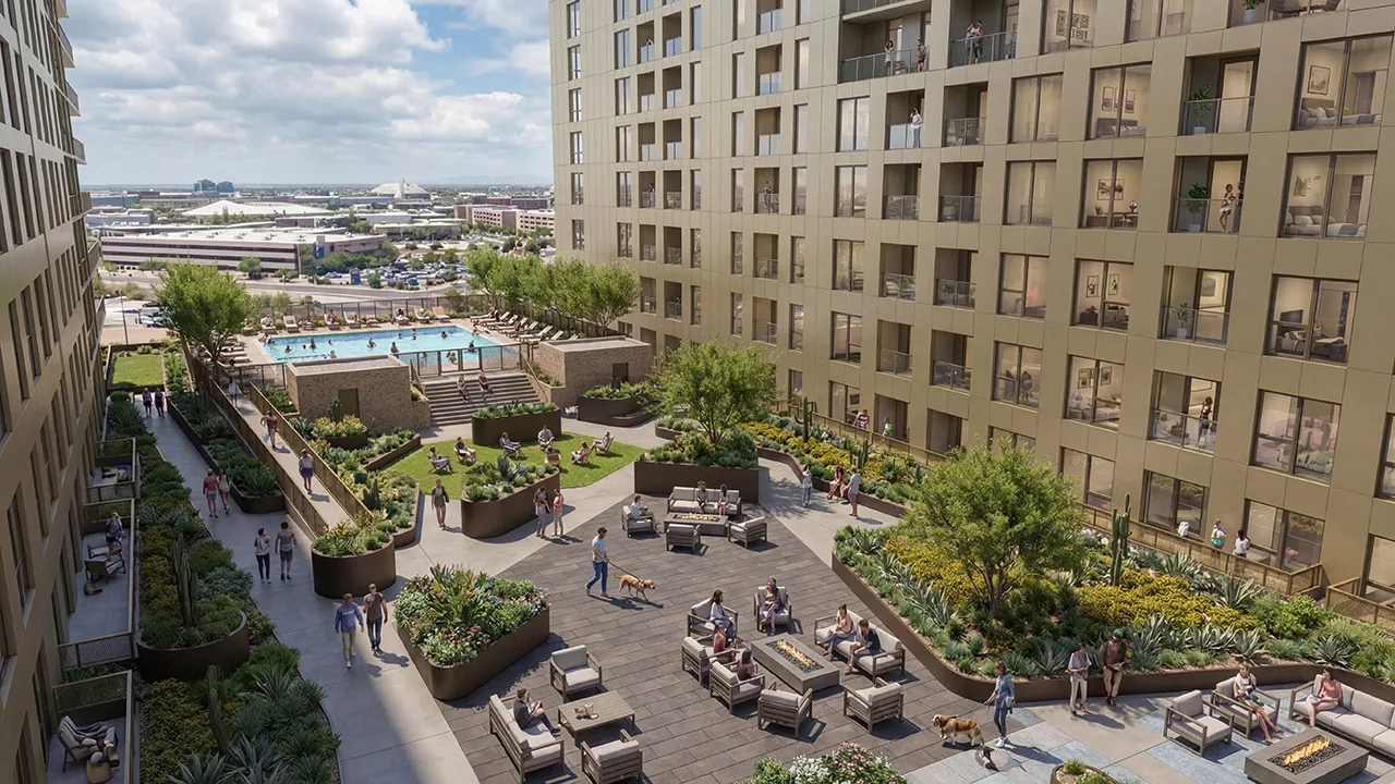 Outdoor urban courtyard with seating areas, fire pits, greenery, and a swimming pool surrounded by tall buildings.