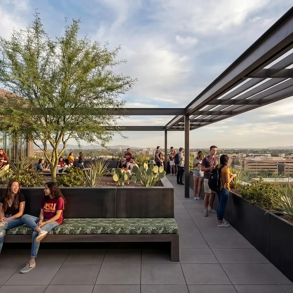 People socializing on a rooftop deck with plants and city views.