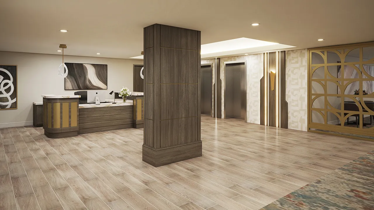 Modern lobby with wooden reception desk, abstract art, wood-like floor, pillar, and elevator doors.