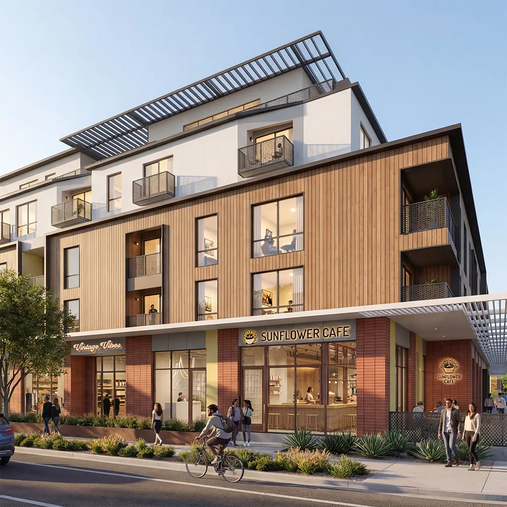 Modern mixed-use building with cafe and shops on lower level.