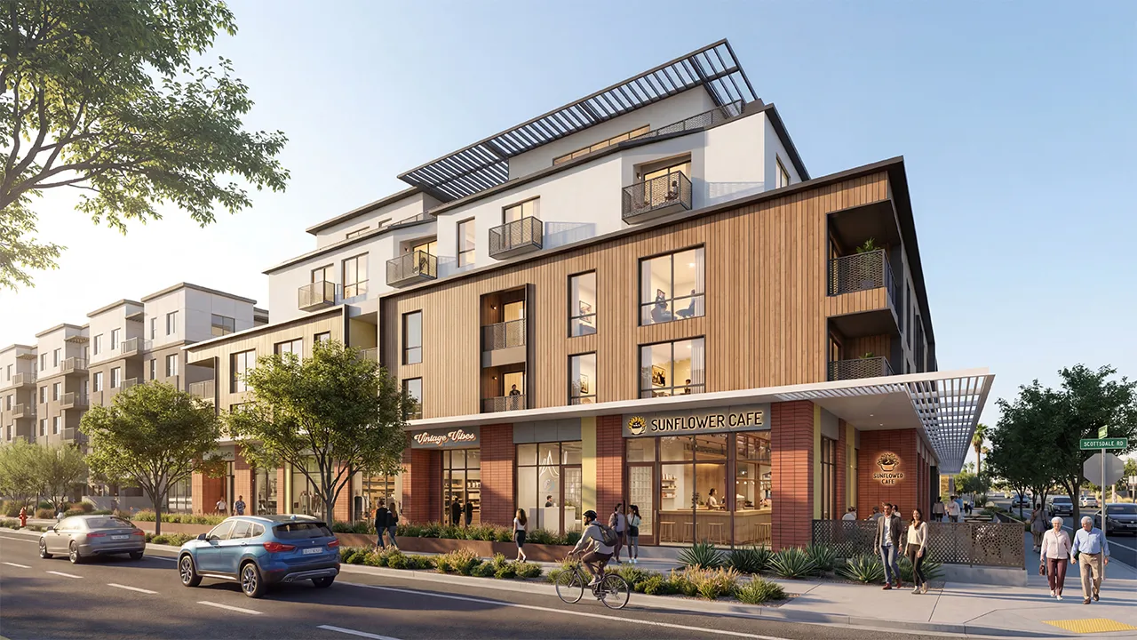 Modern mixed-use building with cafe and shops on lower level.