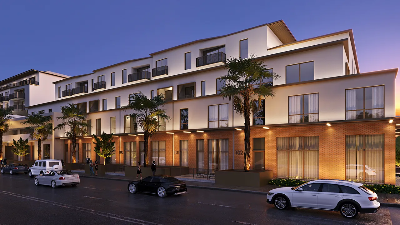Modern multi-story residential building with large windows, balconies, palm trees, and parked cars at sunset.