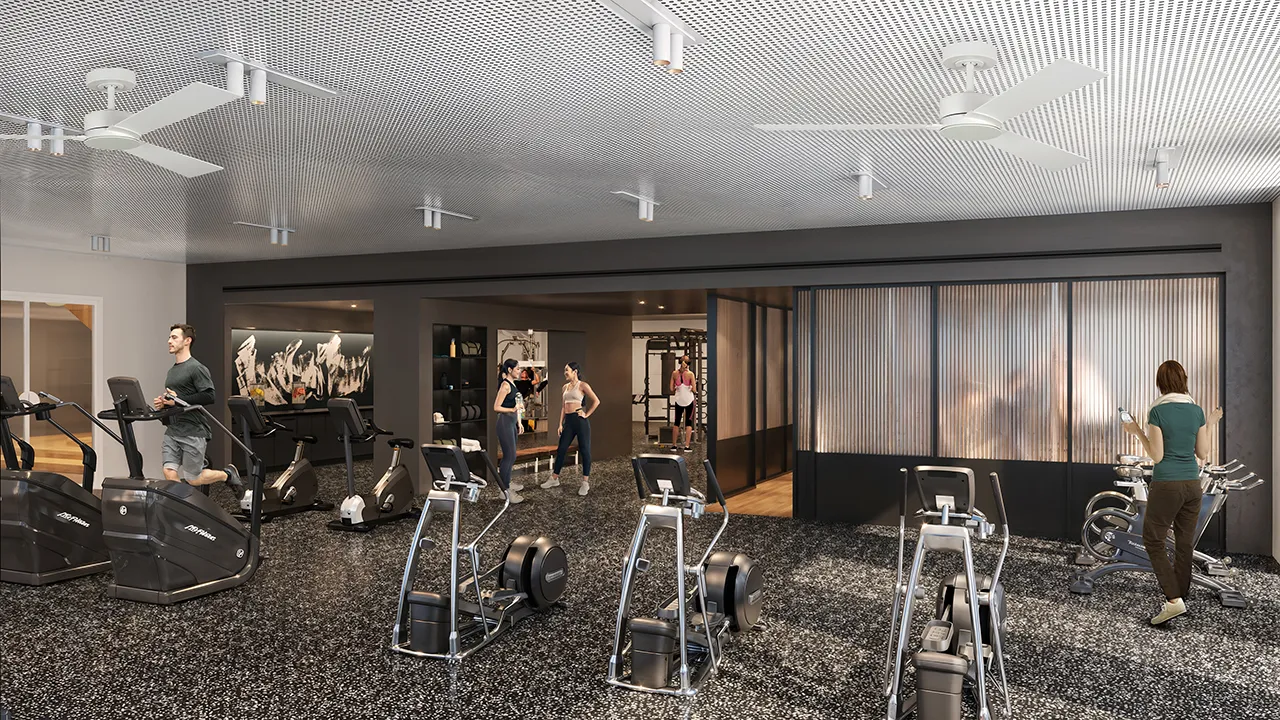 Modern gym with people working out on treadmills, exercise bikes, and elliptical machines.