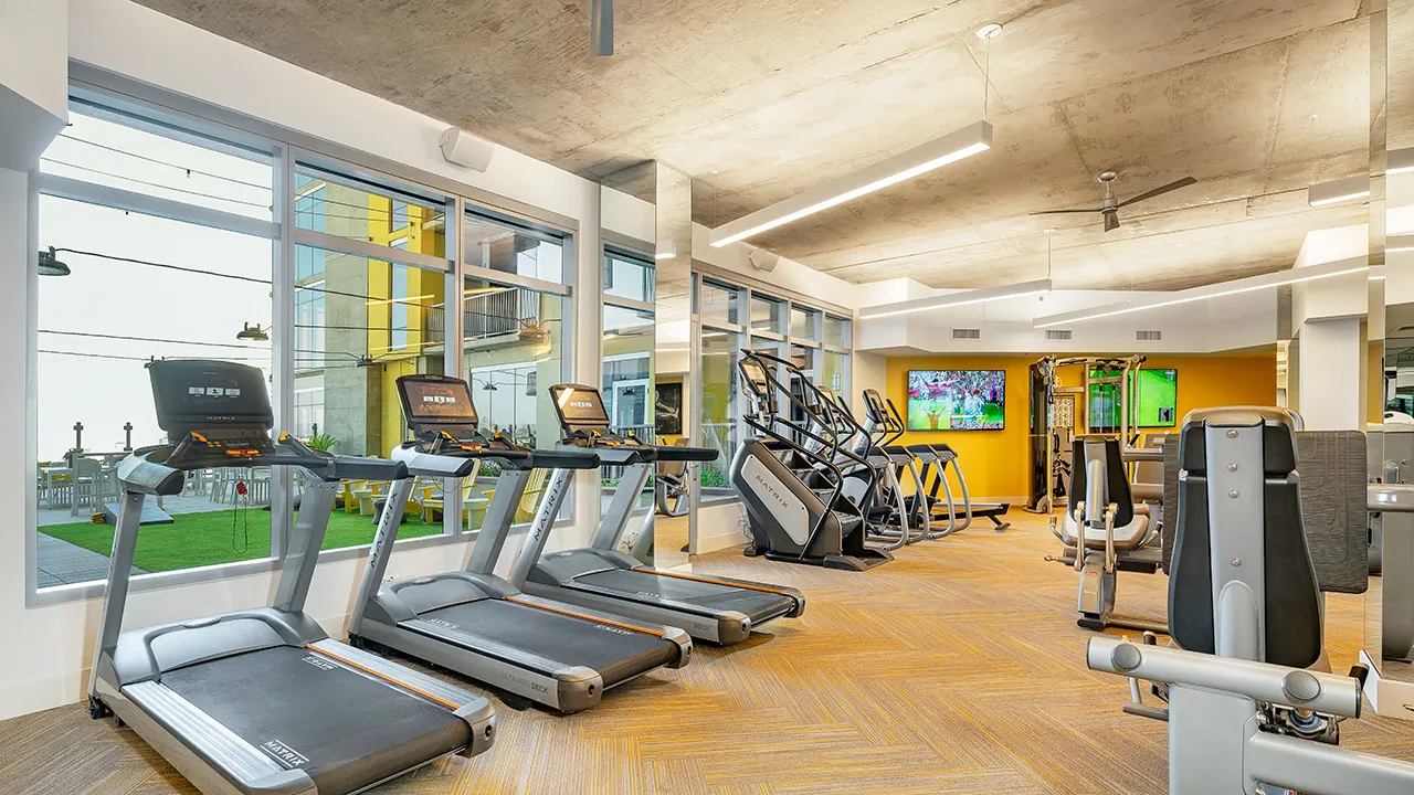Gym room with treadmills, elliptical machines, weight machines, and a TV on a yellow wall.