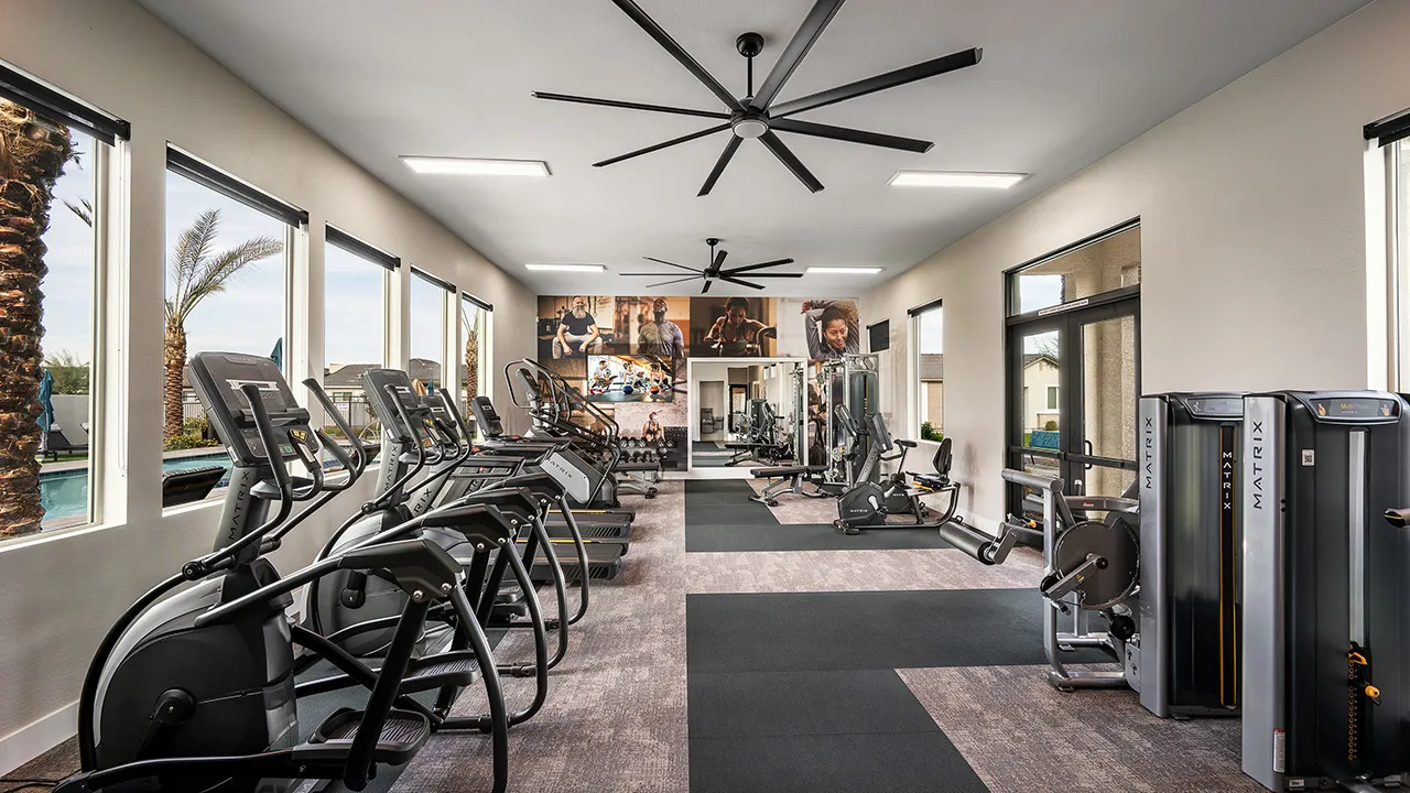 Modern gym with treadmills, stationary bikes, weight machines, large fans, and windows with natural light.