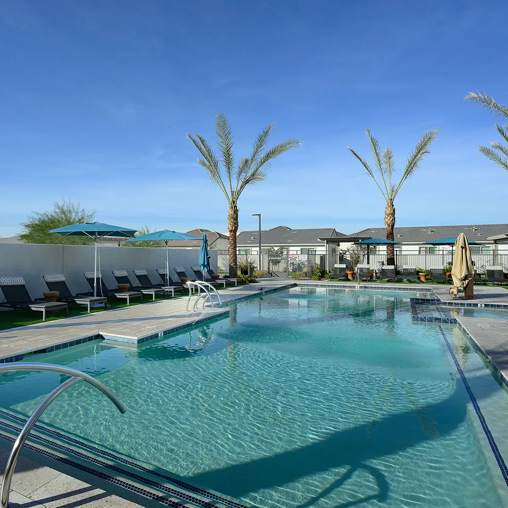 Clear blue outdoor swimming pool with lounge chairs, umbrellas, and palm trees on a sunny day.