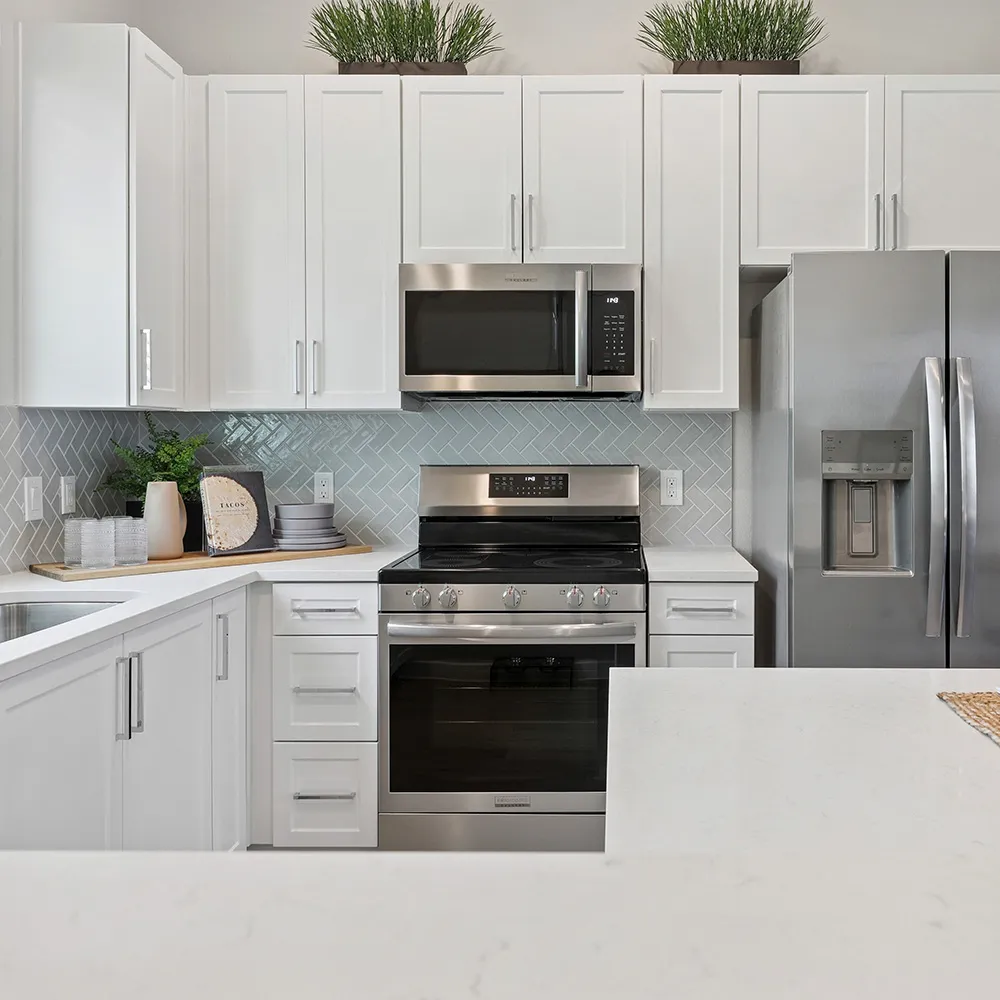 Modern kitchen with white cabinets, stainless steel appliances, gray tile backsplash, and countertop plants.