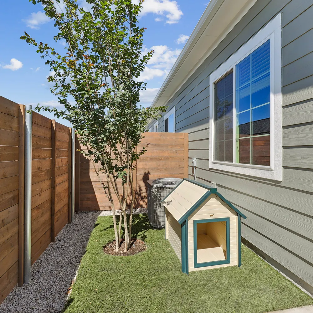 Backyard with turk, wooden fence, blue house, and dog house.