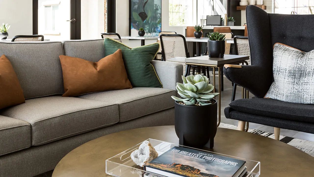 Modern living area with gray sofa, armchair, cushions, round table with plant and books.