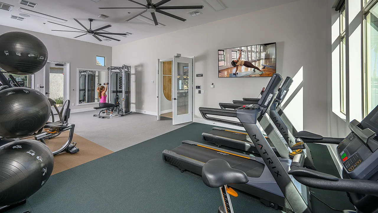 Woman in pink tank top lifting weights in a bright gym with exercise balls and treadmills.