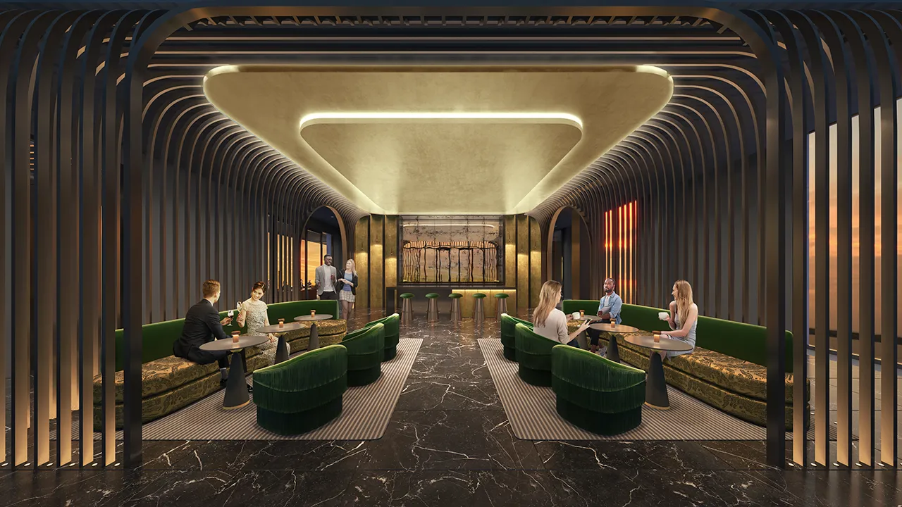 Modern rooftop lounge with dark vertical arches, green velvet chairs and sofas, marble floor, ambient lighting, and people enjoying drinks and conversation.