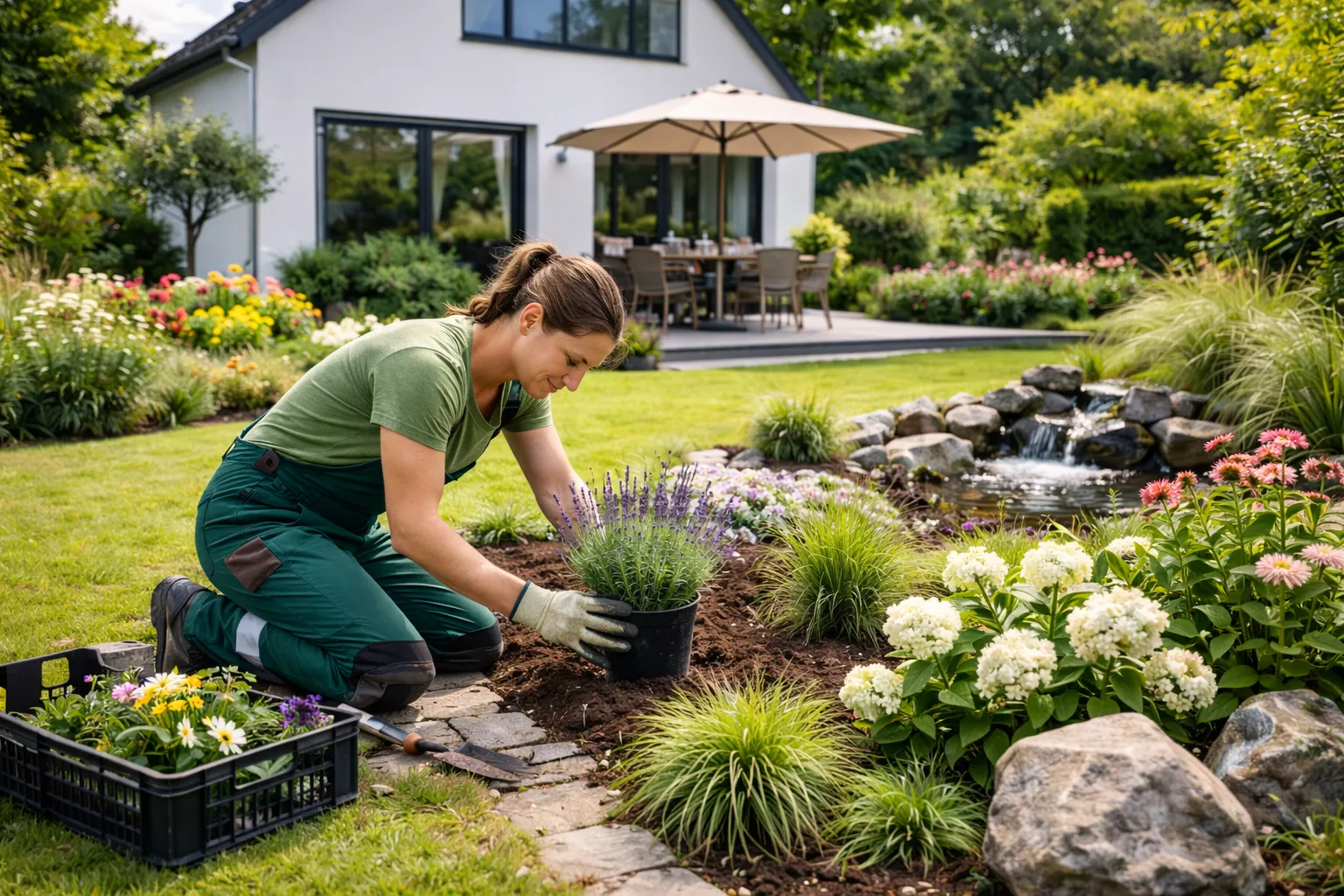 Gartengestaltung in Ostfriesland – neu angelegter Garten mit Beeten und Rasenfläche