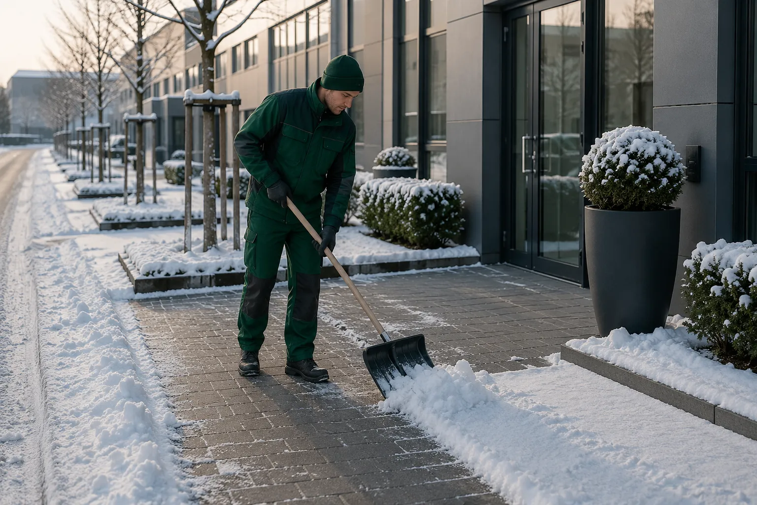 Schneeräumung auf einem Gehweg – Winterdienst für Hausverwaltungen