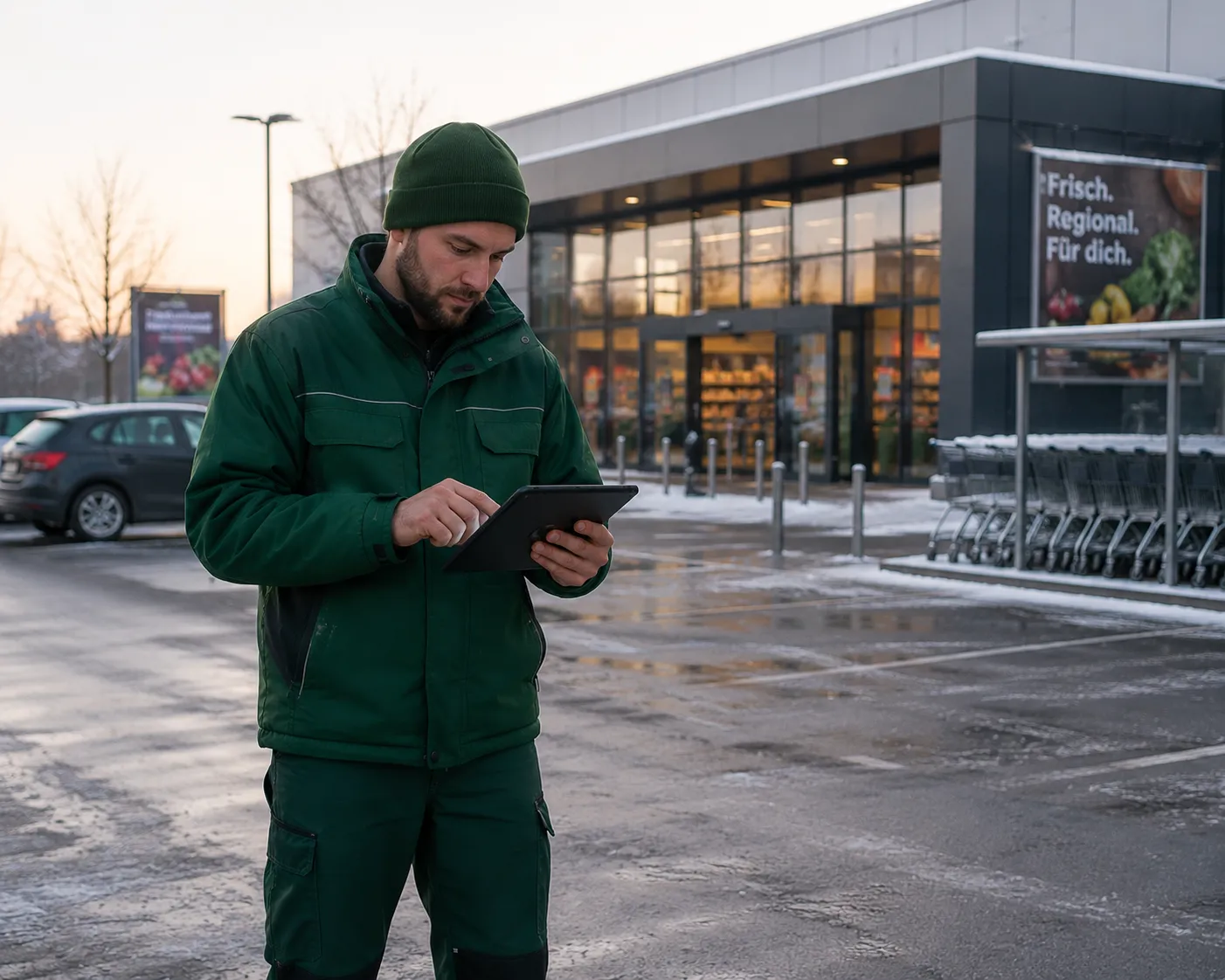 Winterdienst am Supermarkt – geräumter Kundenparkplatz