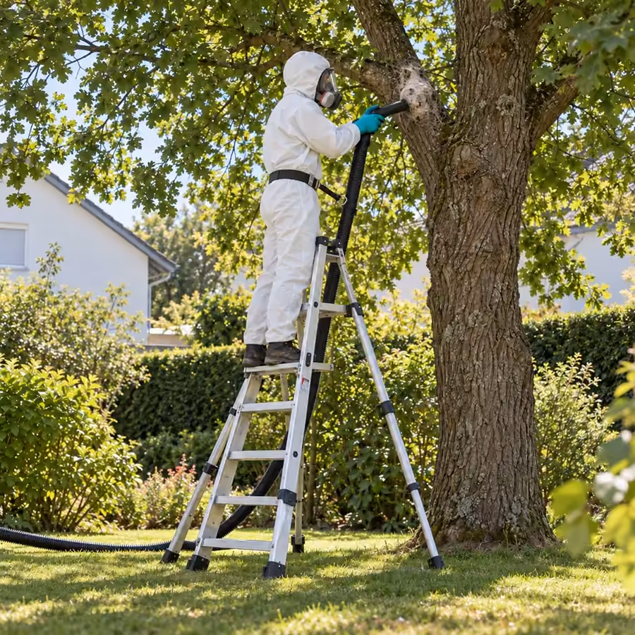 Fachkraft in Schutzanzug und Atemschutz saugt auf einer Leiter ein Nest des Eichenprozessionsspinners an einer Eiche im Privatgarten ab (KI-generierte Visualisierung)