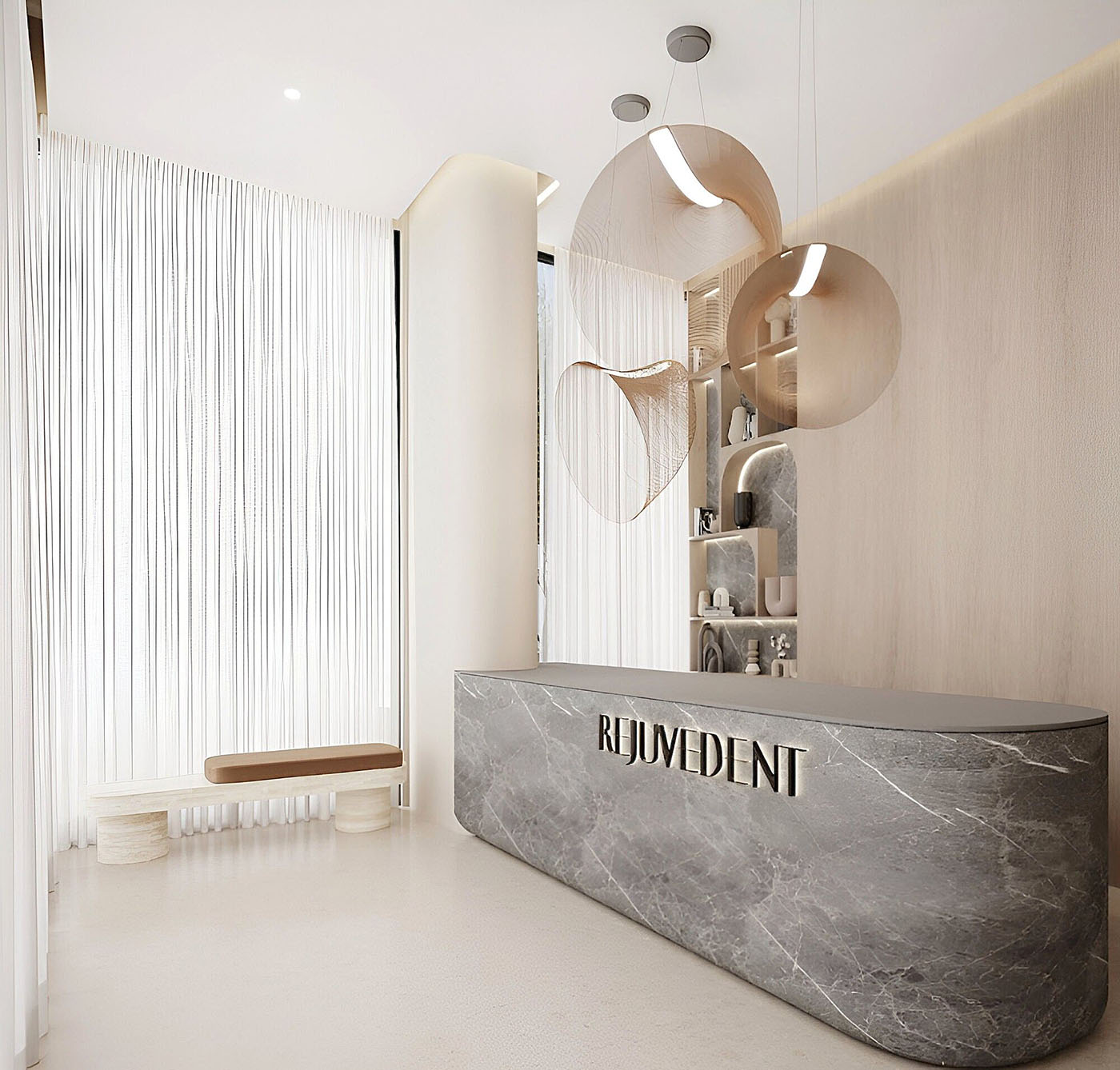 Modern minimalist reception area with a gray marble desk labeled REJUVEDENT, beige walls, sheer white curtains, and sculptural hanging light fixtures.