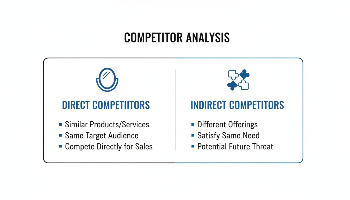 Competitor analysis infographic distinguishing direct competitors, with similar products, from indirect competitors, with different offerings.