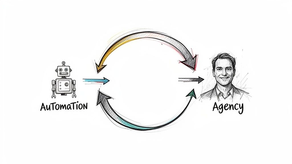 Illustration showing a robot representing automation feeding into an agency, forming a continuous cycle.