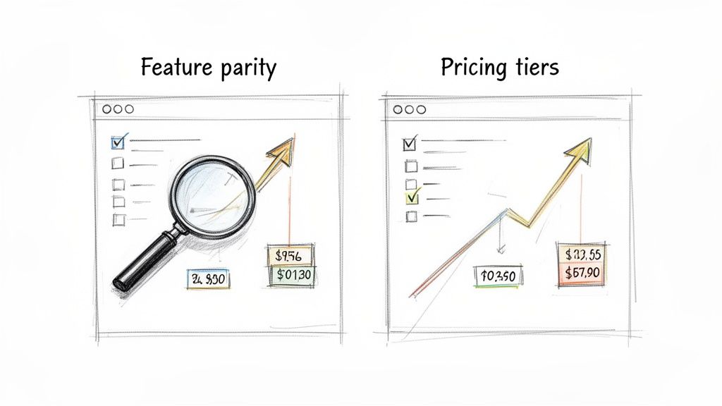 Conceptual sketch comparing feature parity analysis with various pricing tiers strategies, showing checklists and graphs.