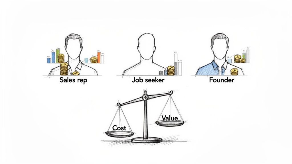 A sketch showing sales rep, job seeker, and founder with coins and charts, plus a scale balancing cost and value.