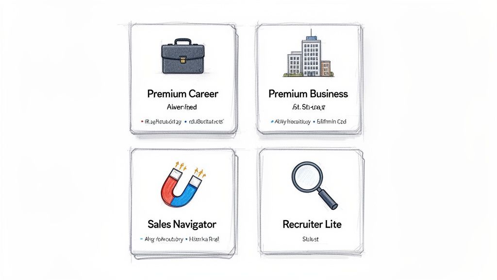 Four cards displaying LinkedIn Premium subscription options: Career, Business, Sales Navigator, and Recruiter Lite.