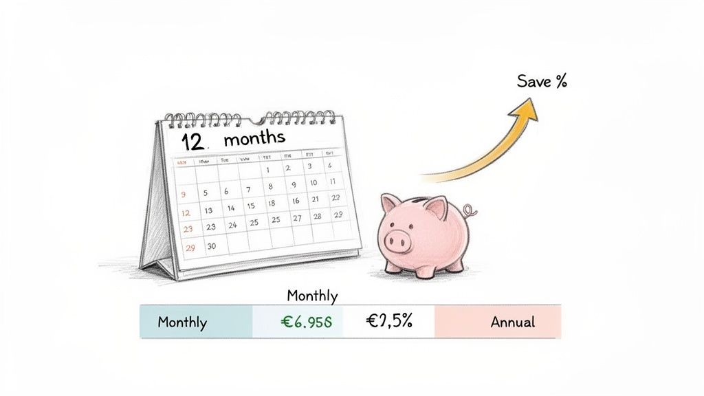 Hand-drawn illustration showing a 12-month calendar, a piggy bank, an arrow indicating 'Save %', and monthly/annual financial data.
