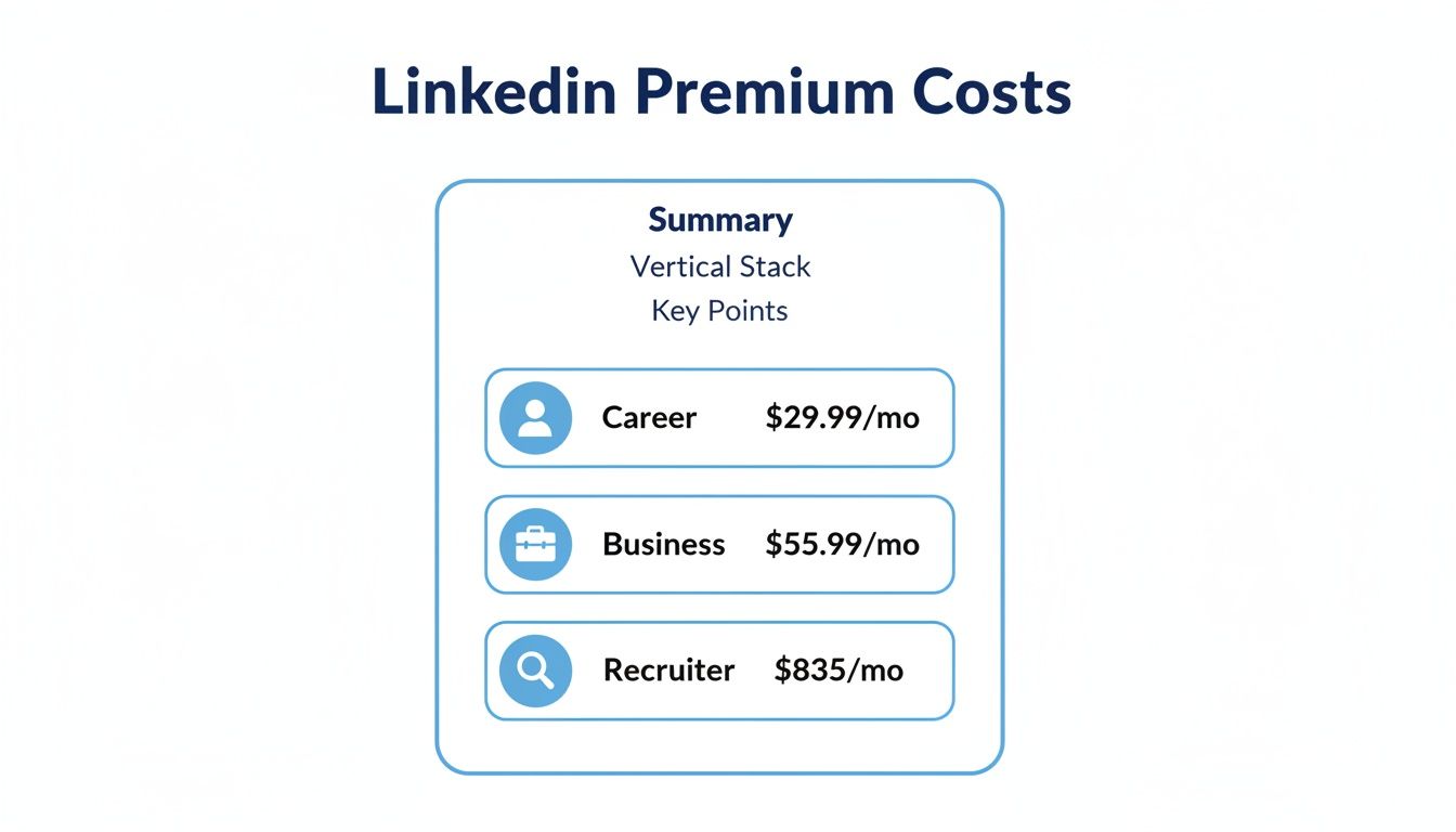 LinkedIn Premium costs chart, detailing prices for Career, Business, and Recruiter subscriptions per month.