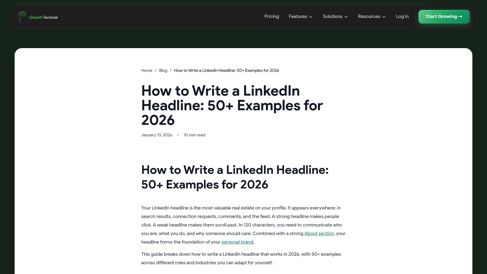 Growth Terminal — 50+ LinkedIn Headline Examples for 2026 (by Role)