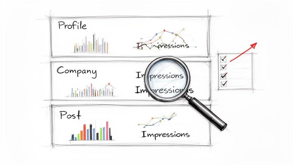 Infographic sketch depicting analytics for social media impressions across profile, company, and posts, emphasizing growth.