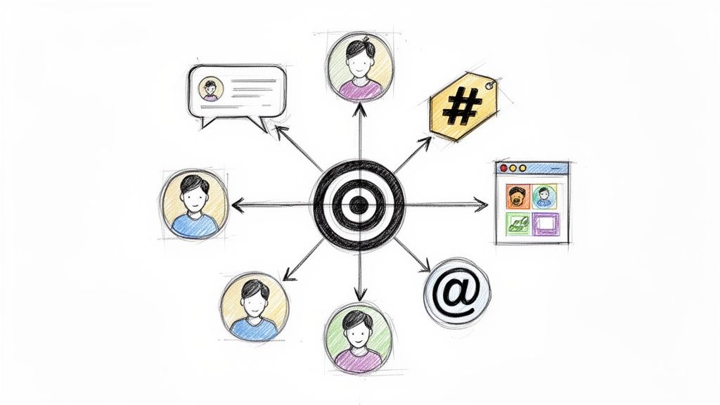 A central target with arrows connecting to user profiles and digital communication icons like chat, hashtag, and at-symbol.