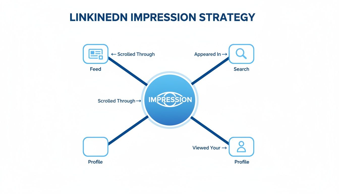 Diagram explaining LinkedIn impression strategy, showing how impressions occur from feed, search, and profile views.