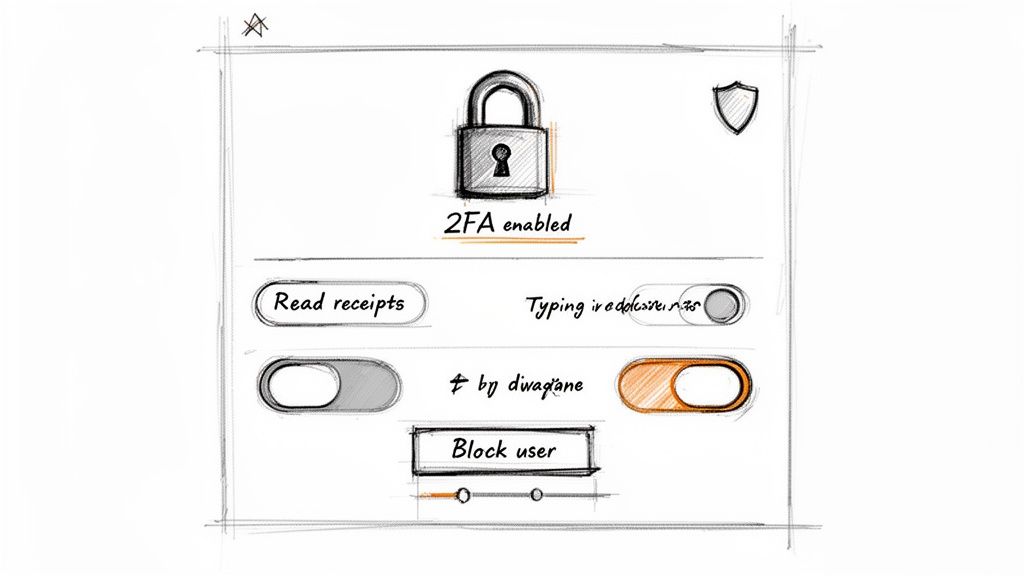 A hand-drawn sketch of a mobile app settings screen with 2FA, toggles, and a 'Block user' button.