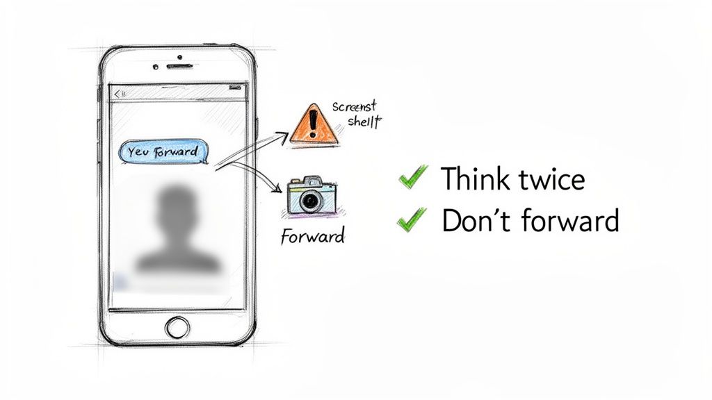 A smartphone with a chat message and icons warning against screenshotting and forwarding, advising to think twice.