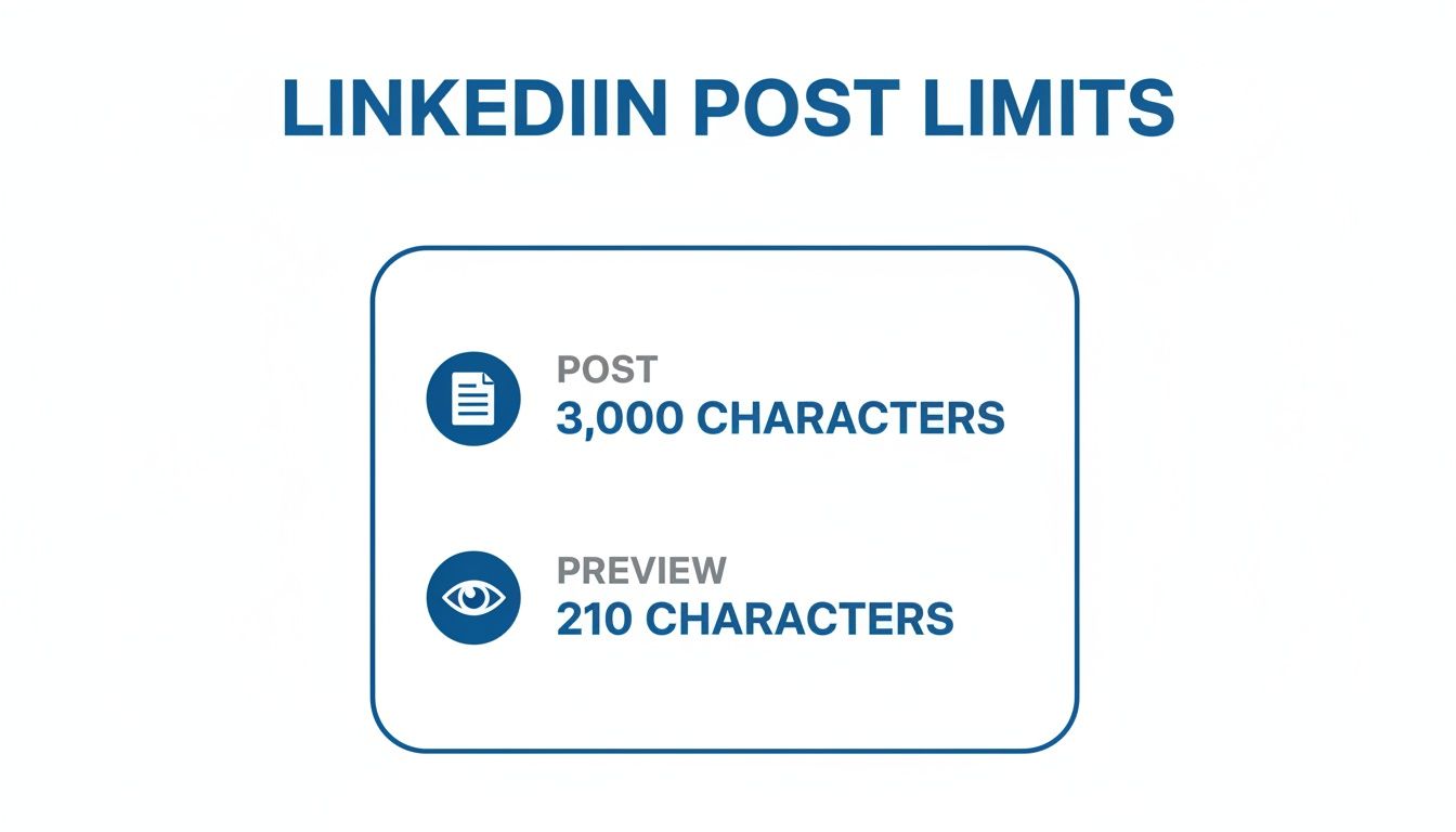 Infographic displaying LinkedIn post and preview character limits for optimal content creation.