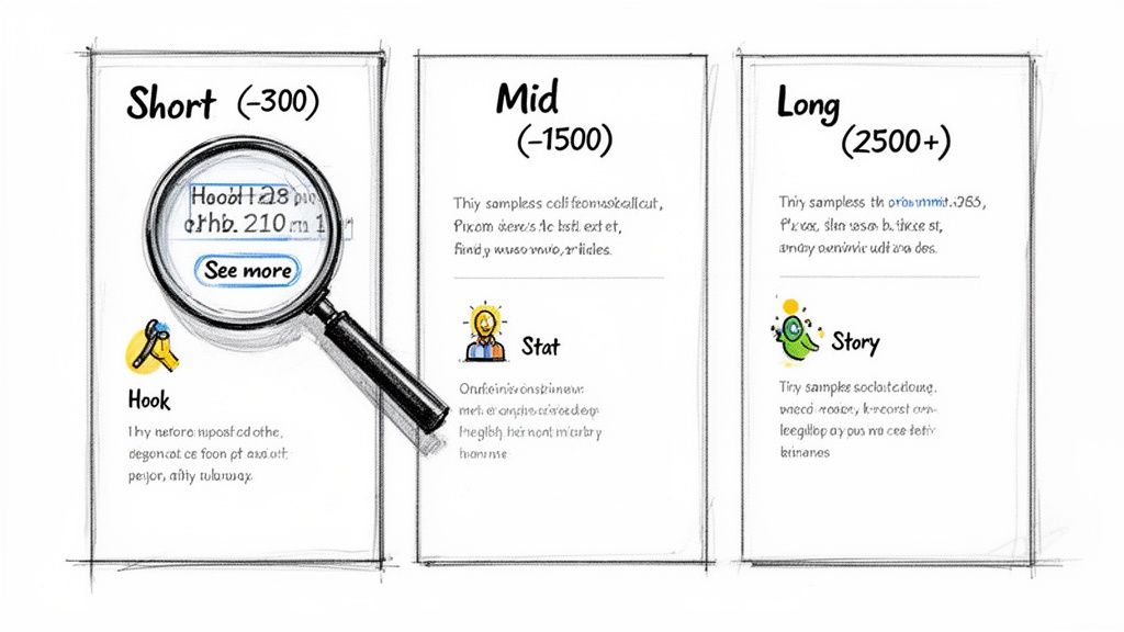 An illustration categorizing content by length: Short, Mid, and Long, with word counts and content types.