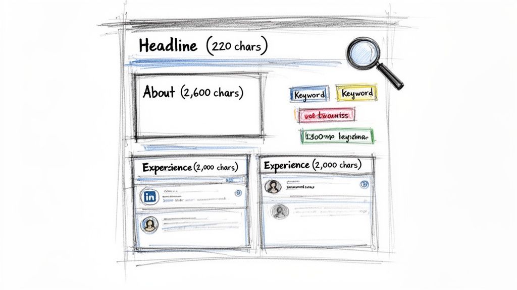 Hand-drawn profile layout sketch displaying character limits for headline, about, and experience sections, including keywords.